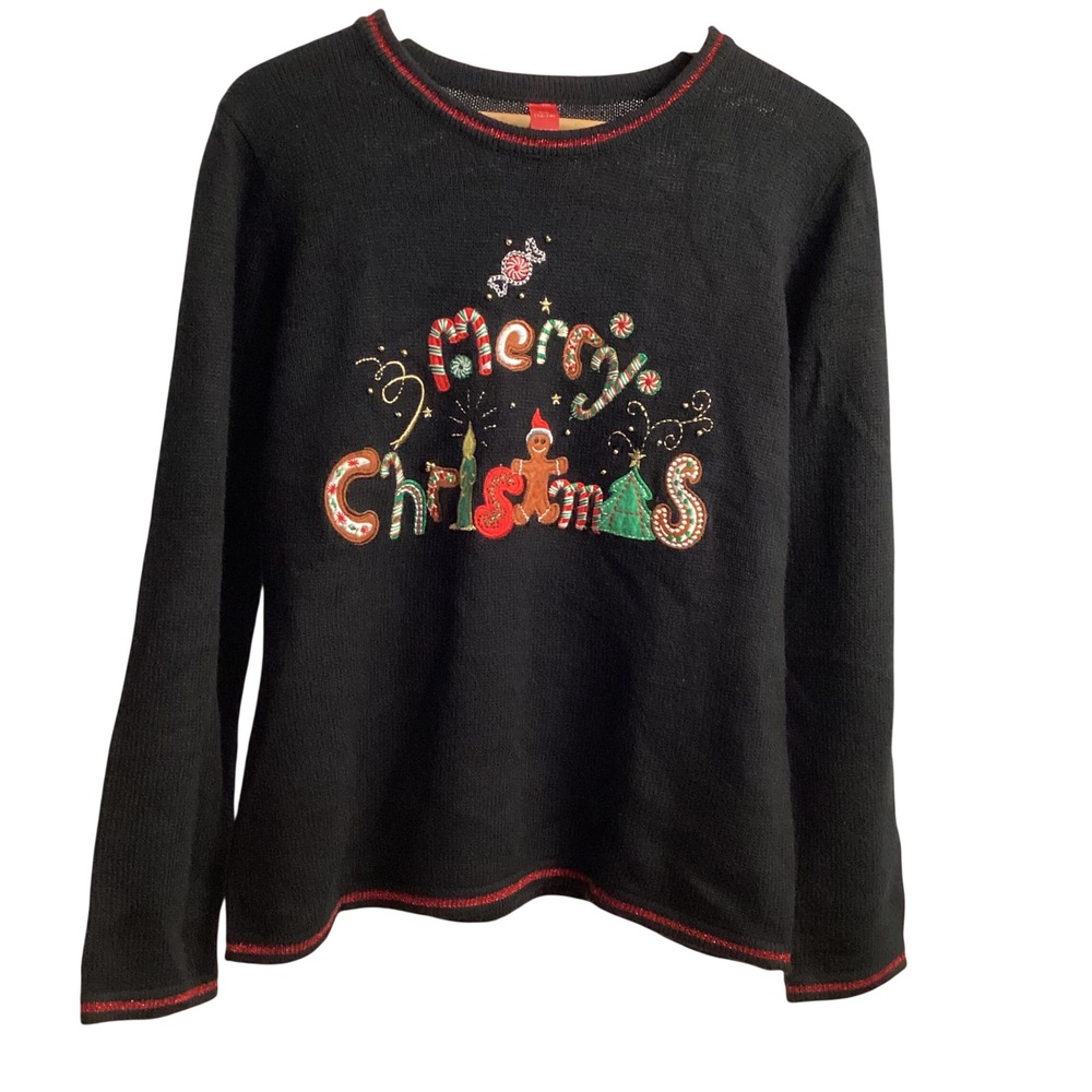 Womens Ugly Christmas Sweater Merry Christmas Gingerbread Candy Cane Tree‎ L G